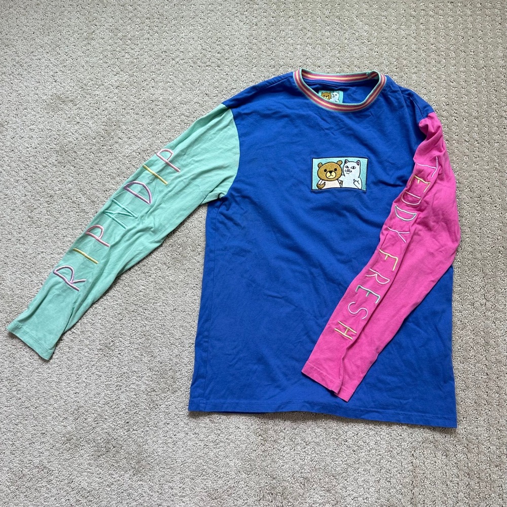 Rip N Dip X Teddy Fresh Long Sleeve T-Shirt Small Cat Bear Embroidery Colorblock